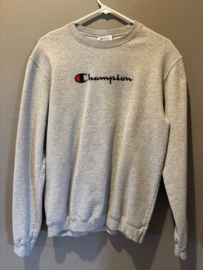 Boys Champion Heather Gray Crewneck Sweatshirt with Red Logo